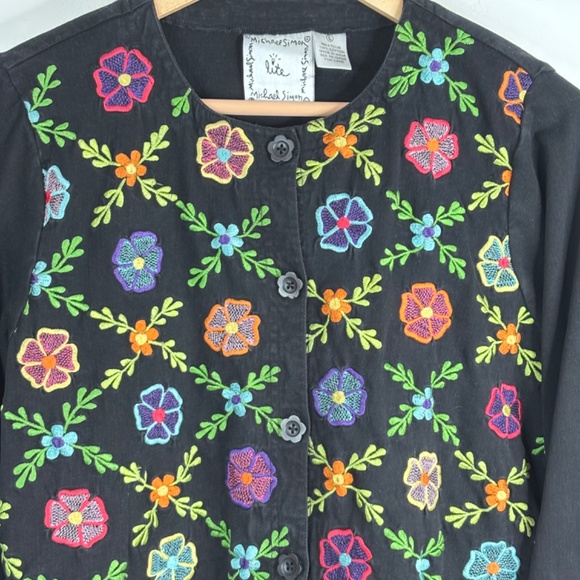 VTG Michael Simon Embroidered Cardigan L Lightweight Floral Boho Artsy Lagenlook - Picture 2 of 10
